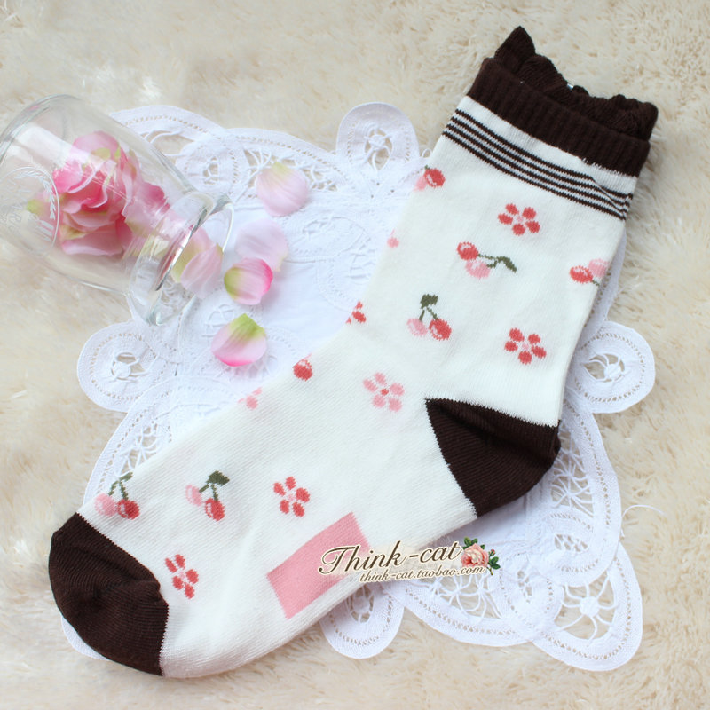 female socks white bottom cherry 100% cotton socks  68 spring & summer