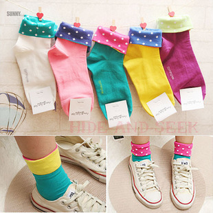 Female socks women's cute sock autumn cotton socks roll up hem 100% cotton