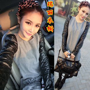 Female spring 2013 slim fashion slim hip plaid leather patchwork woolen one-piece dress