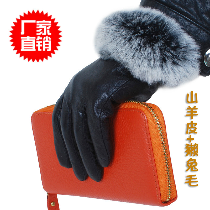 Female suede gloves winter women's sheepskin genuine leather rex rabbit hair thickening thermal fashion gloves