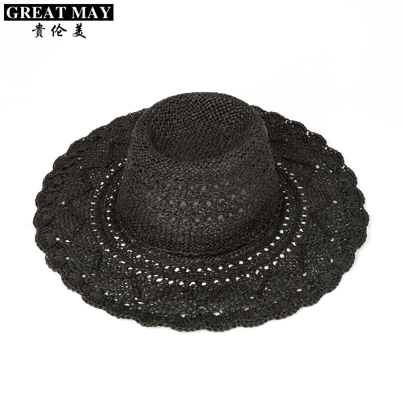 Female summer hat black cutout hand-knitted beach sunbonnet big along the cap