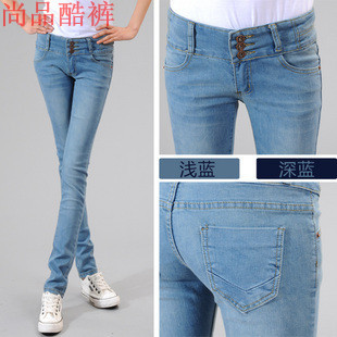 Female tight 3 breasted high waist jeans female skinny pants pencil pants casual plus size long trousers