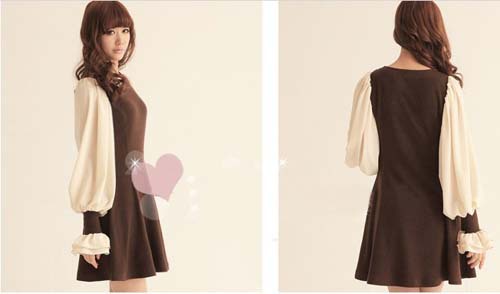 Female Vintage Dress Splicing Lantern Sleeve Knit Chiffon Solid Round Collar Render Flouncing Dresses WF12122006