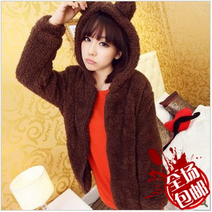 Female winter autumn and winter bear with a hood long-sleeve thickening plush fleece outerwear