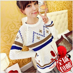 Female winter autumn and winter color block decoration stripe embroidery o-neck long-sleeve sweater thermal sweater