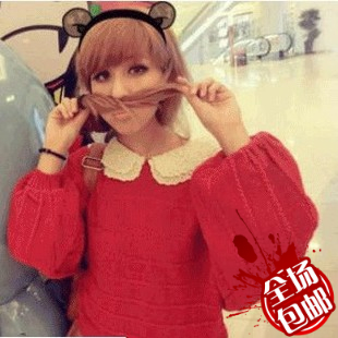 Female winter autumn and winter cutout embroidery peter pan collar decorative pattern lantern sleeve thick sweater