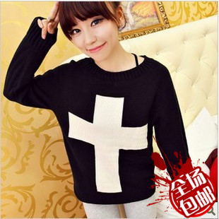 Female winter autumn and winter fashion cross o-neck long-sleeve pullover straight sweater