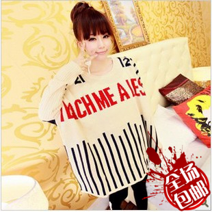 Female winter autumn and winter fine stripe letter o-neck batwing sleeve thermal thick sweater
