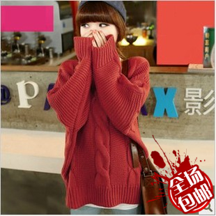 Female winter autumn and winter loose thickening V-neck twisted vintage batwing sleeve thick sweater