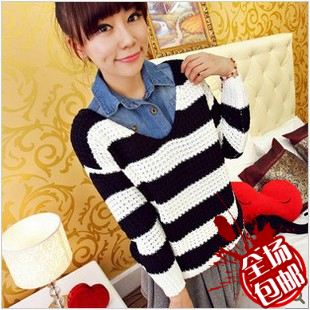 Female winter autumn and winter o-neck wide stripe color block decoration loose long-sleeve pullover sweater