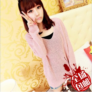 Female winter autumn and winter solid color V-neck long-sleeve loose knitted sweater basic shirt