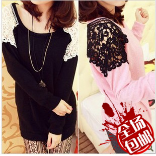 Female winter autumn and winter sweet lace patchwork o-neck long-sleeve basic loose sweater
