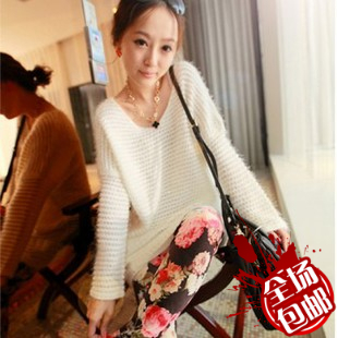 Female winter autumn and winter v collar loose cutout batwing sleeve pullover thick sweater