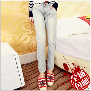 Female winter autumn and winter water wash wearing white hole skinny jeans trousers