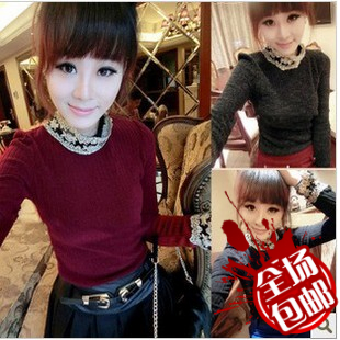 Female winter autumn and winter Women patchwork lace stand collar vertical stripes wool sweater basic shirt