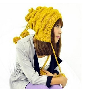 Female winter dual-use pleated knitted hat knitted winter ear hat ball