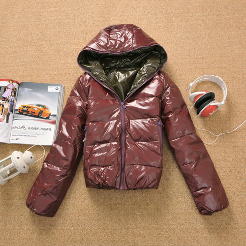 Female winter hooded down coat patent leather outerwear thermal light