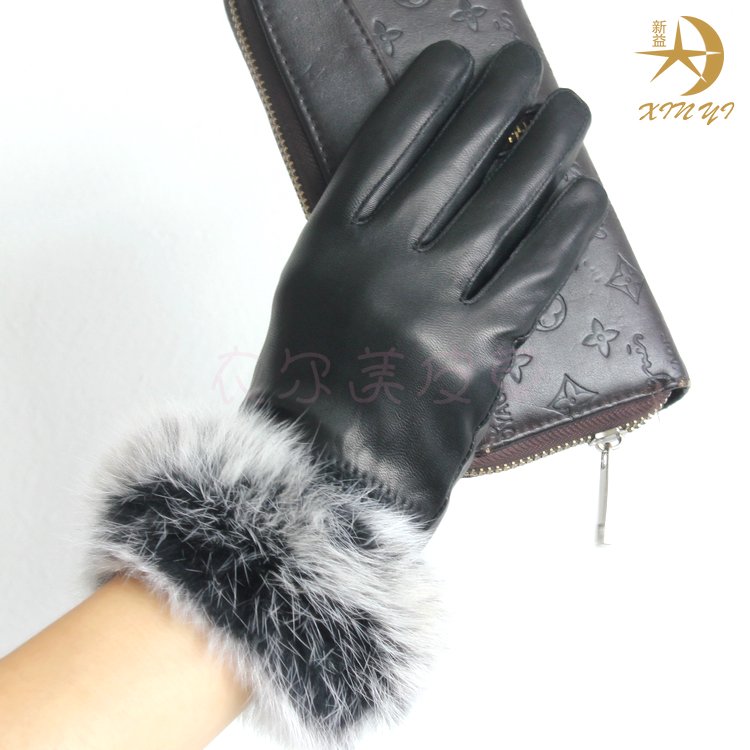 female winter lady leather glove leather rabbit hair mouth sheep leather gloves to keep warm
