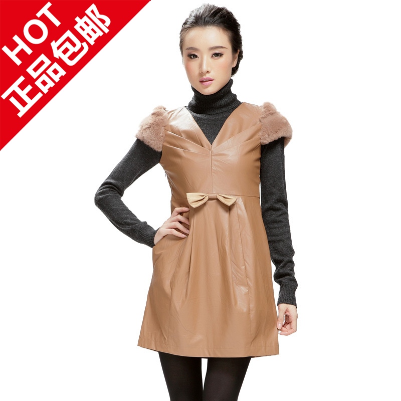 Female winter short-sleeve slim rabbit fur faux leather 1114554101 one-piece dress