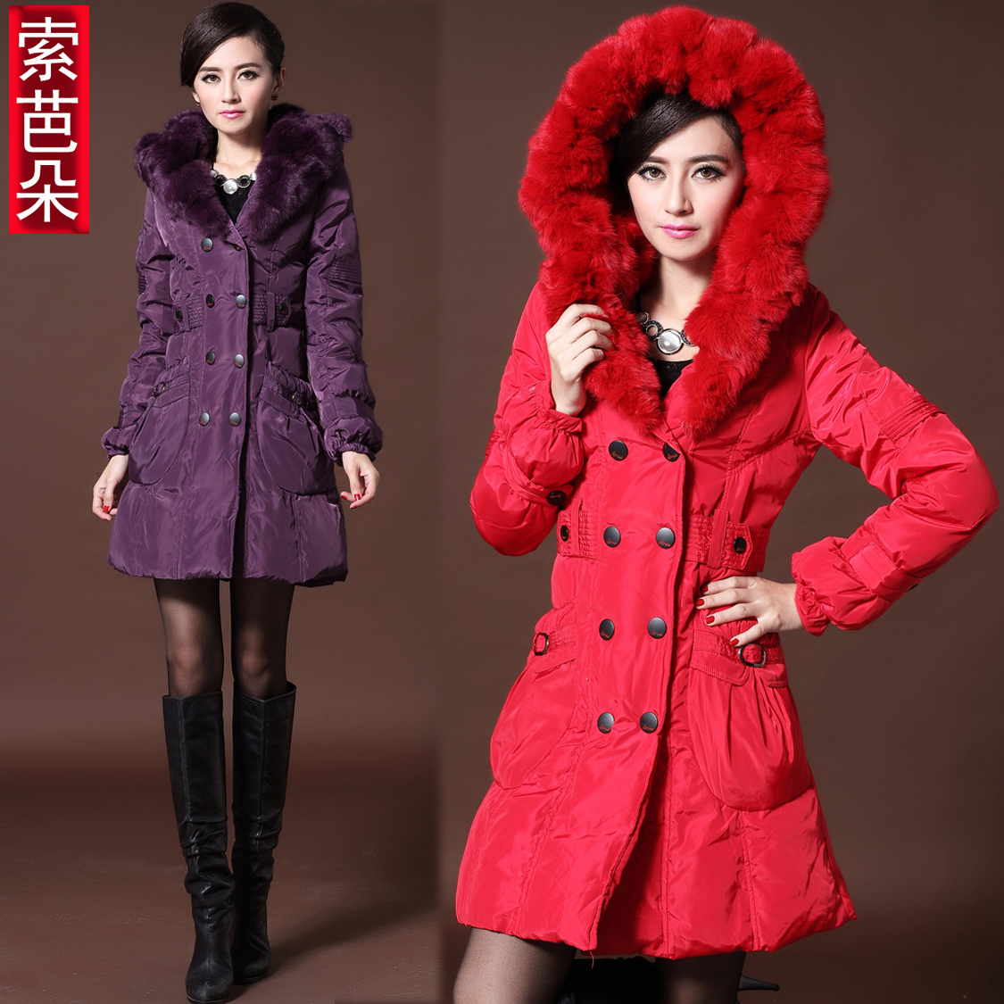 Female with a hood slim overcoat long design thick outerwear rex rabbit hair down coat fur down coat 14627