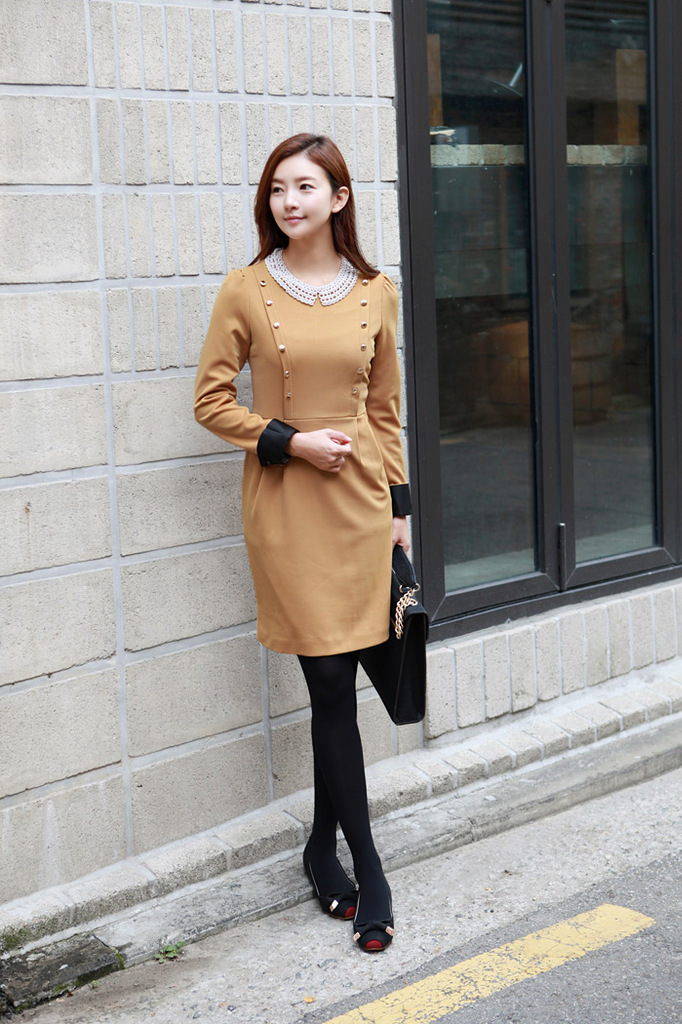 fgyhertye 2012 the Korean version of the new OL slim double-breasted round neck long-sleeved dress
