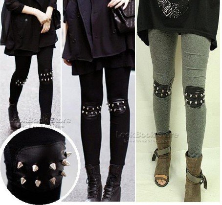 FH-020 2012 Women Punk Knee Rivet Studs Spike Faux Leather Patch Leggings Legwear Tights Free Shipping Wholesale