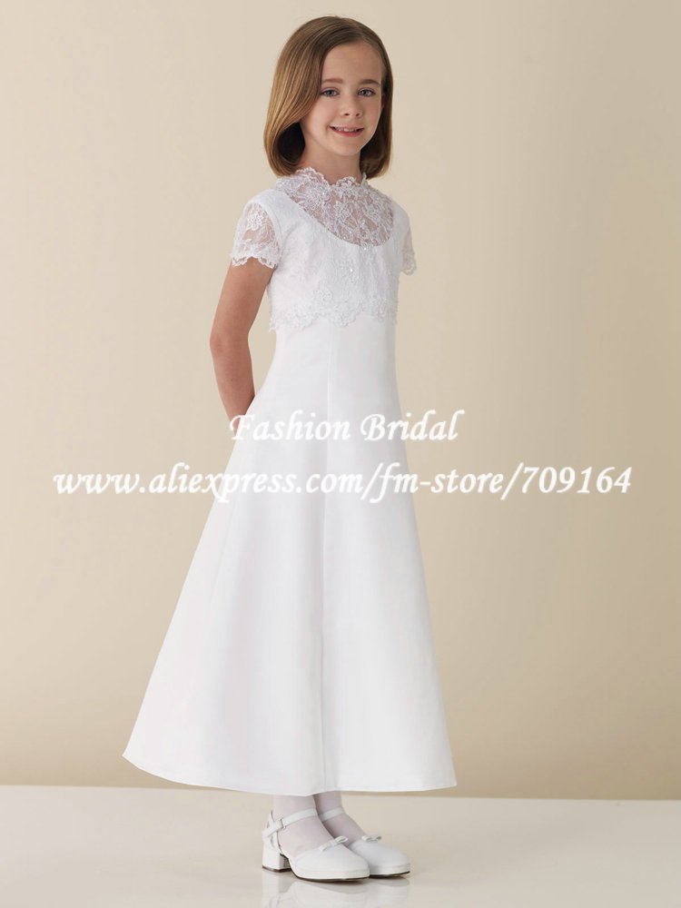 FH067 Elegant Short Sleeve Lace A-line White Satin First Communion Dresses Flower Girl Tutu Dress