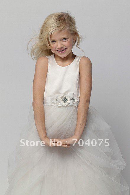 First Communion Dresses 2012 New Arrival Tea length Satin Belt With Flowers Decorations (F44009)