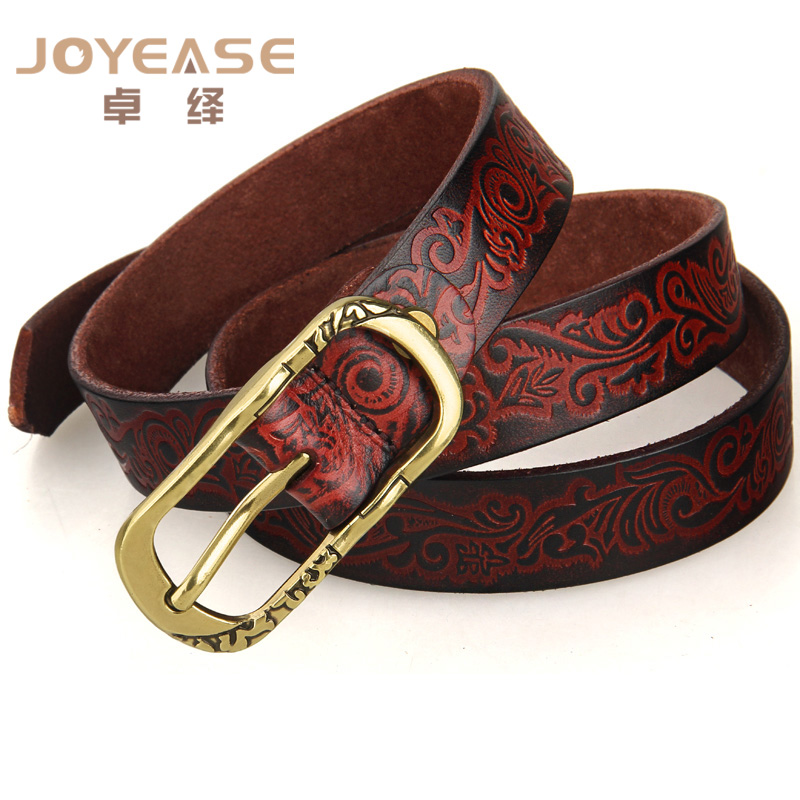 First layer of cowhide genuine leather vintage carved metal pin buckle strap women's all-match belt