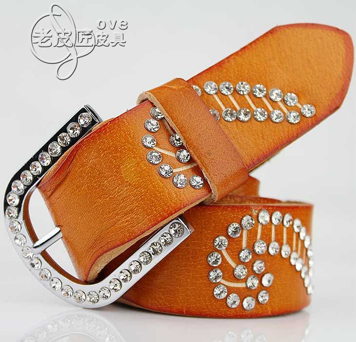 First layer of cowhide women's strap rhinestone daisy carved diamond genuine leather belt fashionable casual
