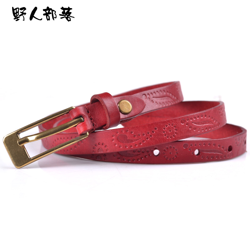 First layer of cowhide women's thin belt print genuine leather all-match tieclasps strap copper head vintage pin buckle 7112