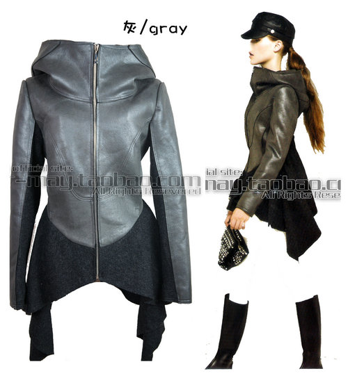 Fish dovetail irregular sweep chamois leather clothing outerwear woolen patchwork turtleneck stand collar zipper trench