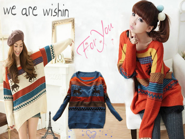Five candy color Hot sale Korean Woman Deer Strip color block knitwear Sweater Loose fit Long sleeves O-Neck Pullover Outwear