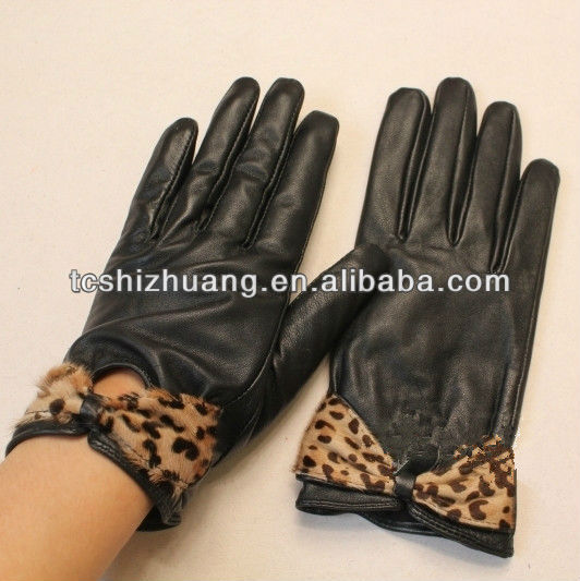 five fingers leather glove,leopard print horse fur bow-knot,women fashion genuine sheep leather gloves