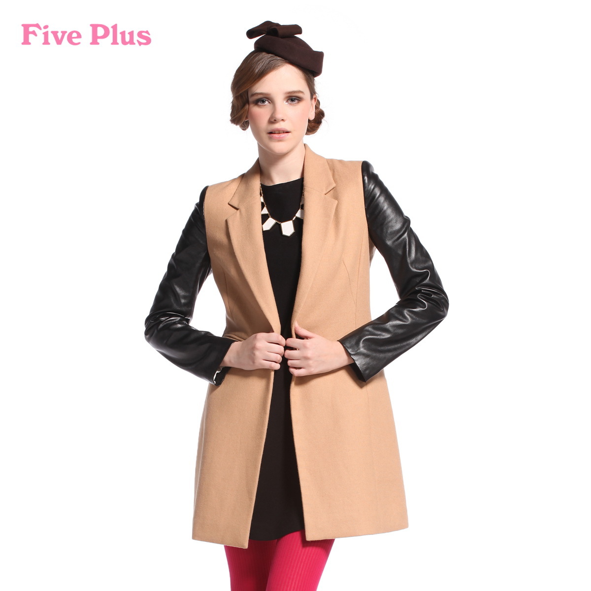 Five plus2012 female autumn fashion woolen leather mosaic medium-long thin outerwear 2123343020