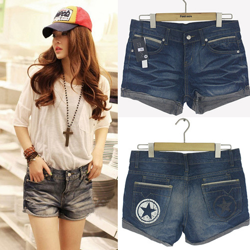 Five-pointed star back pocket denim shorts 10702 free shipping