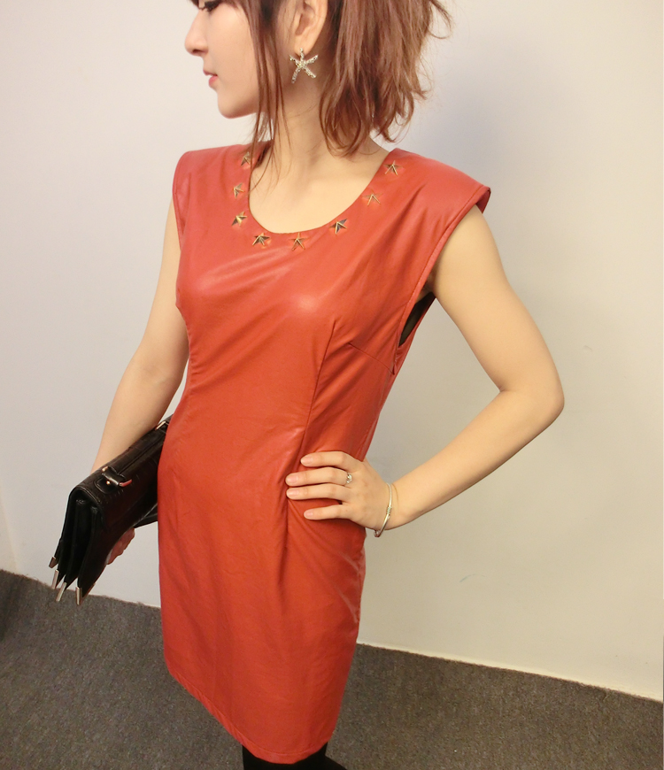 Five-pointed star leather skirt autumn and winter one-piece dress
