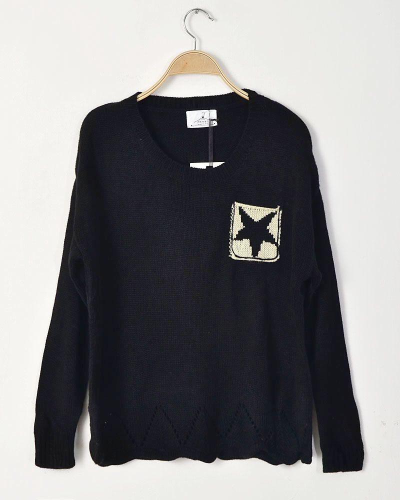 Five-pointed star sweater color block decoration pocket wave laciness all-match loose pullover long-sleeve sweater 3