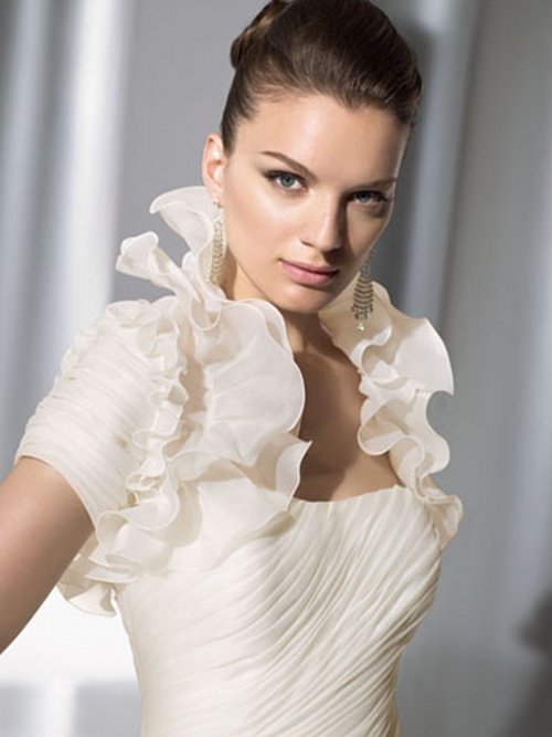 FJ02 Fashion Ruched Short Sleeve Ruffle Ivory Bridal Wedding Jacket