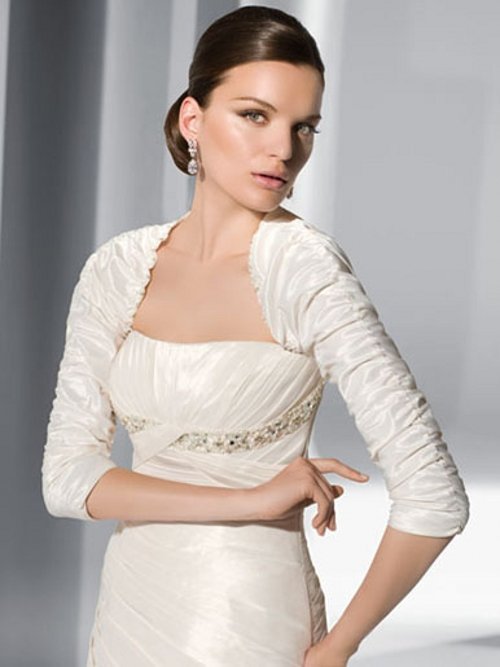 FJ06 Custom Long Sleeve White Taffeta Bridal Wedding Jacket