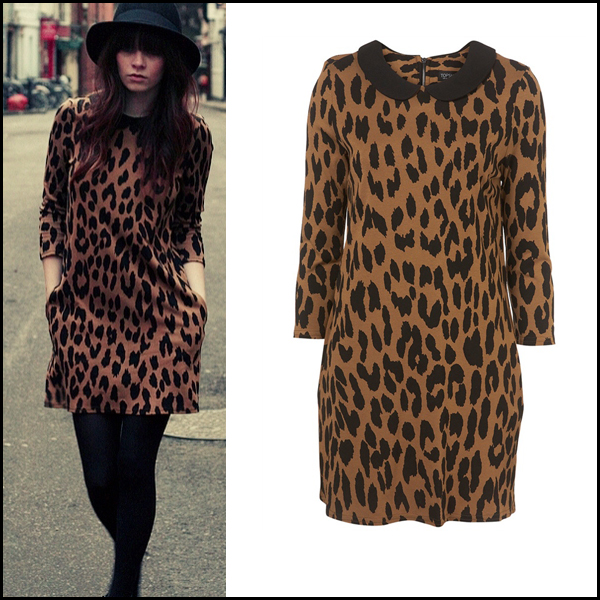 Flax European and American retro leopard lapel bottoming skirt long-sleeved doll collar dress free shipping