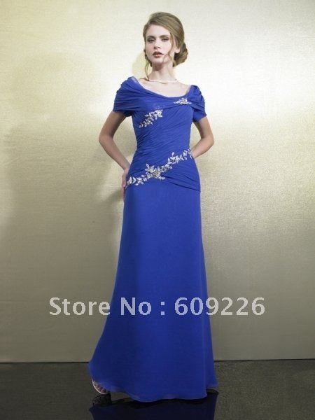 Floor Length Caplet Sleeves Blue Chiffon A-line Celebrity Dresses, Dresses Evening with Re-embroidered Lace