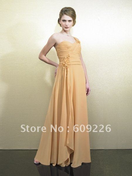 Floor Length One shoulder Chiffon A-line Celebrity Dresses, Dress 2012 with 3D Petals and Flowers at Waist and Shoulder.