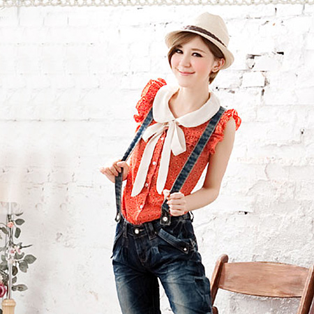 Floral print collar chiffon shirt spring women's