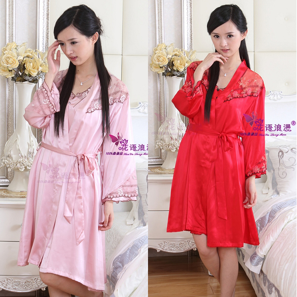 Florid romantic silk sleepwear female sexy spaghetti strap robe bathrobes twinset n120