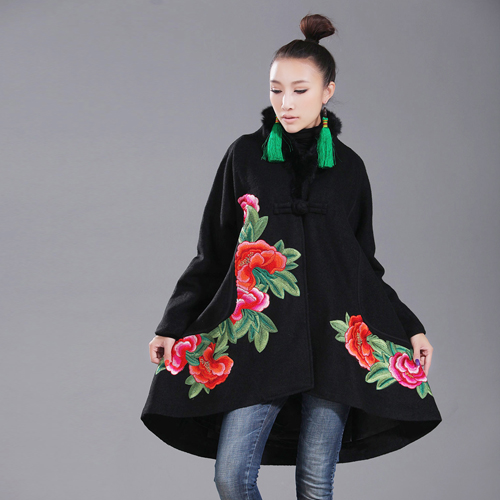 Flower 2013 national trend women's plus size wool coat long trench design embroidered outerwear