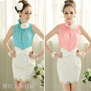 flower elegant lotus leaf stand collar sleeveless ladies shirt