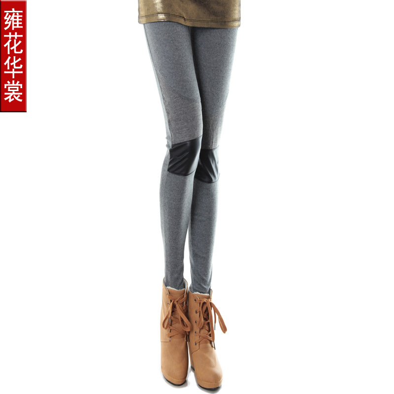 Flower faux leather patchwork legging 2012 spring legging faux leather patchwork ankle length trousers