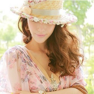 Flower flat hemming wheat-straw strawhat female summer sunbonnet straw braid beach cap sun hat