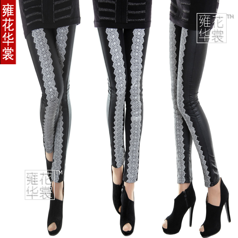 Flower gauze legging lace ankle length legging faux leather female lace patchwork pants